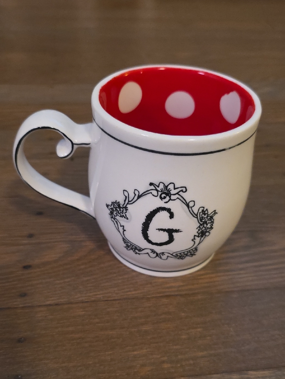 Katie Mandy- White Ceramic Mug with Red Polka-Dot Interior & Black Monogram "G"